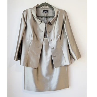 Teri Jon By Rickie Freeman Metallic Silk Wool Skirt Suit Women's Size 12 Gold - Image 1 of 4
