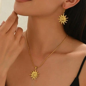 18K Gold Plated Boho Sun Women's Jewelry Set Hypoallergenic Necklace Earrings - Picture 1 of 7