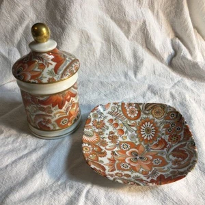 LIMOGES D Moreau Plate 5” orange paisley print, Jar with lid 5.25” high France - Picture 1 of 5