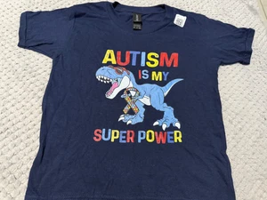 AUTISM IS MY SUPER POWER" Dinosaur Gildan Softstyle Kids T-Shirt (Navy) XS - Picture 1 of 4
