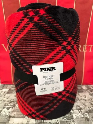 NWT Victoria’s Secret PINK Christmas 2025 Plush Fleece Blanket Plaid Red & Black - Image 1 of 2