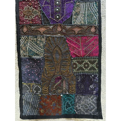 Vintage beaded tapestry wall hanging vertical dark beaded ethnic bohemian 20x60” - Image 1 of 4