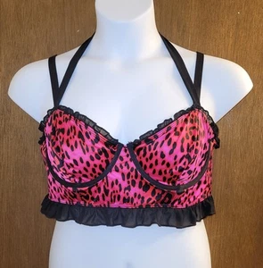 Betsey Johnson Torrid Bra Hot Pink Leopard Satin Underwire Plunge Bralette Sz 0 - Picture 1 of 6