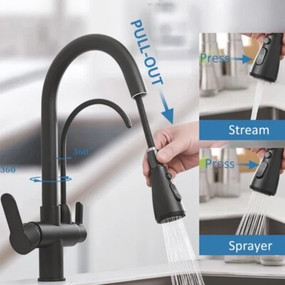 3-Way Filter Kitchen Sink Mixer Taps Pull Out Pure Water 360° Dual Spout Spray - Image 1 of 4