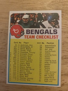 1973 Topps Football Cincinnati Bengals Team Checklist Unmarked