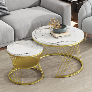 Nesting Coffee Table Set Of 2,Round Center Table Marble Tabletop for Living Room