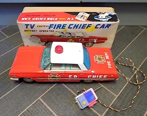 Vintage Rare Tin Battery Operated TV Control Fire Chief Car, Okuma Mnfg, Japan - Picture 1 of 13