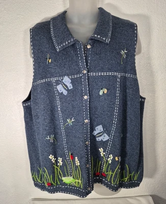 Quacker Factory Cardigan Sweater Vest 3X Blue/Gray Butterfly Bumble Bee Lady Bug - Image 1 of 4