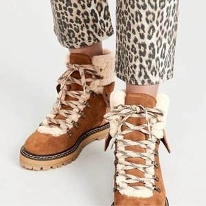 See by Chloe Low Flat Eileen Shearling Hiker Boots 37-US 7 Suede/Calfskin Tan - Picture 1 of 11