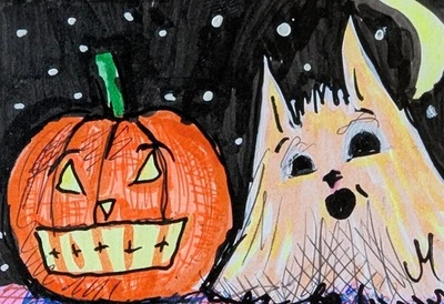 ACEO Cat Painting Original Halloween Moon Contemporary Folk Art By Josh Merritt - Image 1 of 2