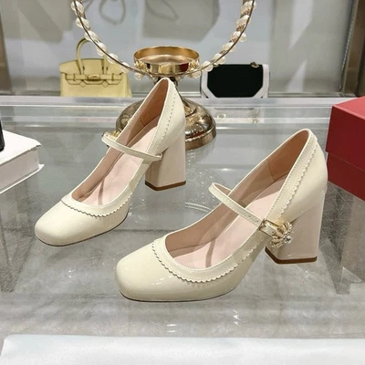 Женские квадратные пальцы ног толщиной каблуки каблуках Mary Jane туфли кожи неглубокий рот - Изображение 1 из 4