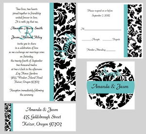 100 Personalized Custom Monogram Damask Wedding Invitations Set Any Color Stripe