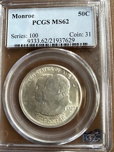 1923 -S   MONROE 50C  COMMEMORATIVE   PCGSMS62  BRILLIANT  UNCIRCULATED - Picture 1 of 6