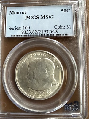 1923 -S   MONROE 50C  COMMEMORATIVE   PCGSMS62  BRILLIANT  UNCIRCULATED - Image 1 of 4