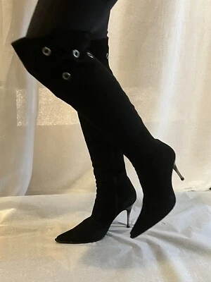 Botas stiletto de couro camurça shearling strass coxa alta 38 pretas - Imagem 1 de 4