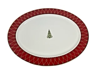 Williams Sonoma Noel Rimmed Oval Platter 17 3/4" Red Christmas Tree - Picture 1 of 5