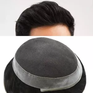 Lace Men's Toupee PU Border Human Hair System #1B Off Black 120% Density 6"x9" - Picture 1 of 8