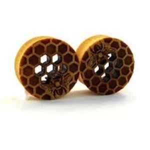 Organic Wood Honey Bee Plugs/Tunnels/Gauges 2 Piece (1 Pair) (A/3/2/21) - Picture 1 of 2