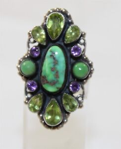 Leo Feeney Sterling Silver Green Turquoise Amethyst & Peridot Fashion Ring