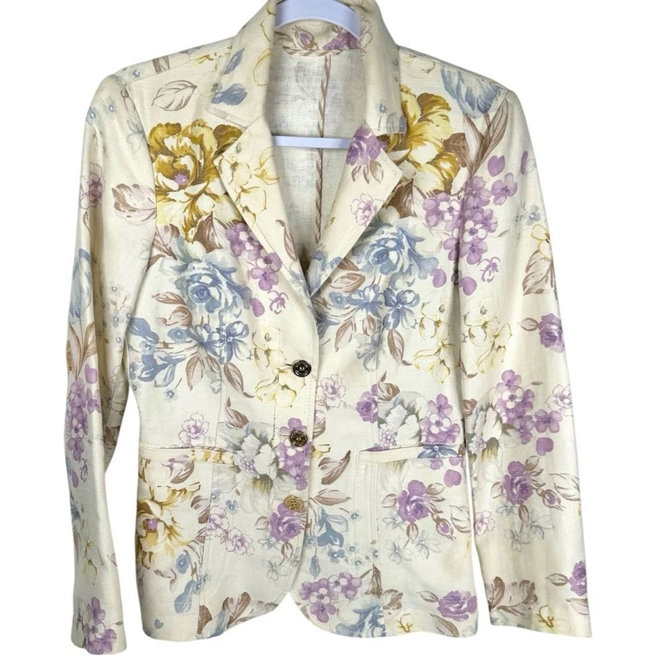 Chaqueta Blazer Etro Crema Estampado Floral Italiano Lino Dorado Botón Raro Talla 42/6 Foto 1 de 4