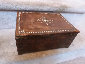 ANTIQUE Inlaid Wood Box Brass Corner Straps Sliding Compartments Drawer 12.25" - Picture 1 of 20