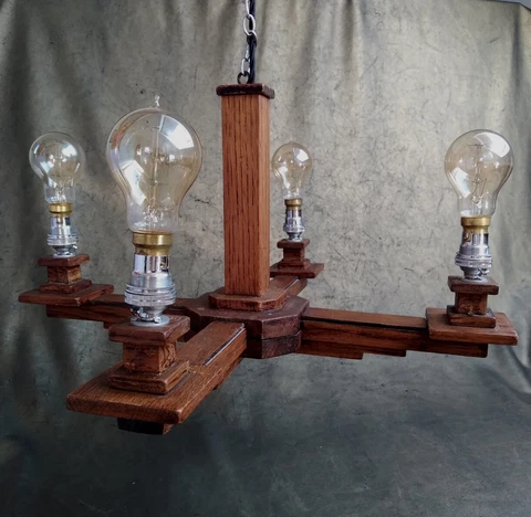 Antique Arts & Crafts Oak Wood Pendant Light 4 Branch Hand Made In England Cover