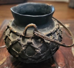 Vintage Antique Filipino Bamboo Wrapped W/Handle Clay Pottery Jar - Phillipines  - Picture 1 of 13