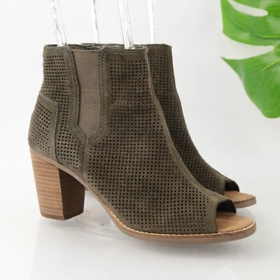 TOMS Women's Majorca Boots Size 8 Block Heel Open Toe Olive Green Suede Boho - Image 1 of 4