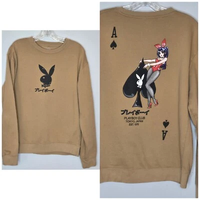 Playboy Club Tokyo Japan Mens Sweatshirt Anime Card Ace of Spades Brown Tan  - Image 1 of 4