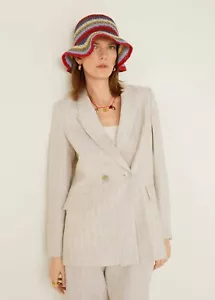MNG Mango Ampa Double-Breasted Linen Blazer With Flap Pockets Small Pinstriped - Picture 1 of 12