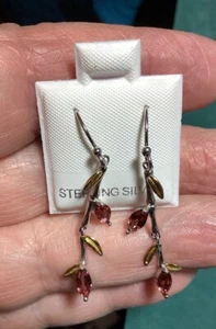 Garnet Sterling & Gold Over Sterling Leaf Design Dangle Earrings - Picture 1 of 3