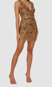 Liv Foster Women's Gold Beaded Plunging V Neck Mini Dress Size 12 - Picture 1 of 2