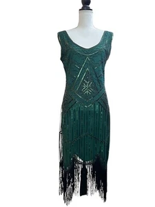 Fundaisy Flapper Gatsby Dress Womens Large Green Fringe Sequin Beaded - Picture 1 of 8