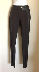 St John Brown Contrast Leather Trim Leggings/Pants W/Logo Button Size 0 - Picture 1 of 12