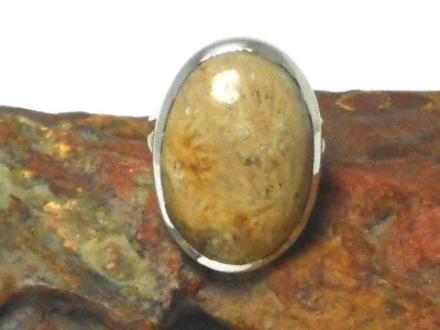 ANILLO DE PIEDRAS PRECIOSAS 925 de plata esterlina de coral fosilizado - Talla: N Foto 1 de 4