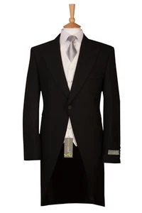Black Herringbone Tailcoat Jacket Long Wool Single Breasted Morning Coat Wedding - Picture 1 of 5