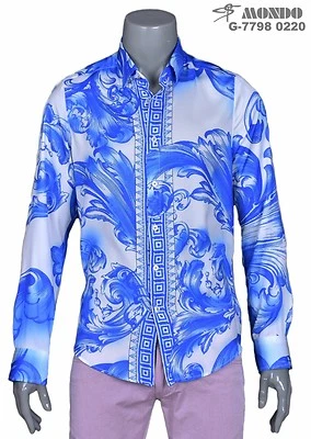 CAMISETA Mondo Para Hombre Moda Italiana Azul "WAVE" Estampado Digital Abotonada Manga Larga Foto 1 de 4