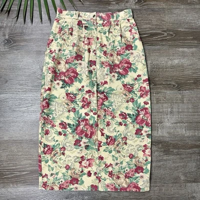 Vintage 90s Denim Floral Skirt 8 10 Cotton 90s CottageCore Pleat Front Midi Tan - Image 1 of 4