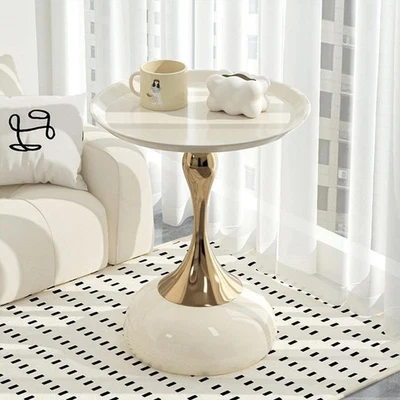 Modern Round Side Table with Gold Pedestal Base, Black Metal Top, Accent End ... - Image 1 of 4