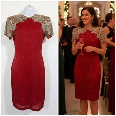 Vestido Rojo Vintage Lillie Rubí Seda Vacaciones Cuentas Doradas Noche Cóctel Fiesta S Foto 1 de 4