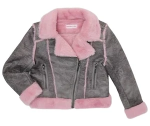 Design History Girls Moto Jacket Faux Suede Gray And Pink Faux Fur Retro Size 5T - Picture 1 of 12