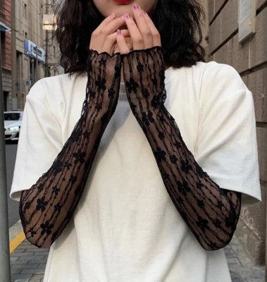 Long Lace Hollow-Out Fingerless Gloves Sun Protection Sleeves Mesh Lace - Image 1 of 3