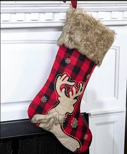 Deer Faux Fur Trimmed Red Black Plaid Christmas Holiday Lodge Cabin Stocking NEW - Picture 1 of 5