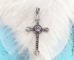 Sterling Silver Celtic Amethyst Cross Medieval Marcasite Pendant Peter Stone - Picture 1 of 7