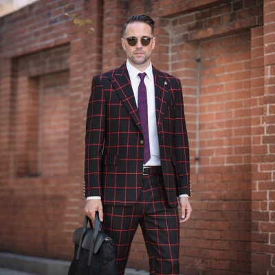 Men's Red Black Plaid Suits Slim Fit Double Breasted Peak Lapel Business Suits - Image 1 of 4