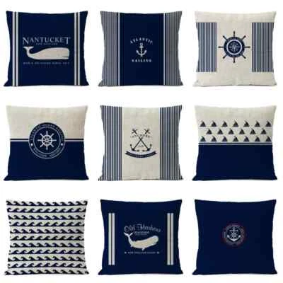 Navigation Blue Compass Anchor Pillow Cover Nautical Shell Fish Cushion Cover - Image 1 of 4
