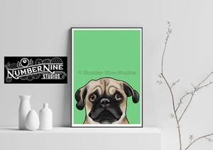 Pug Puppy Pop Art Green Artwork Illustration Print, signed by artist. Very rare. - Picture 1 of 7