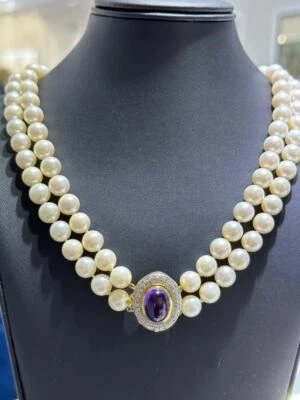 14k Jaune Vintage Or Diamants Et Améthyste Double Strand Perle Collier 16 " L - Photo 1/4