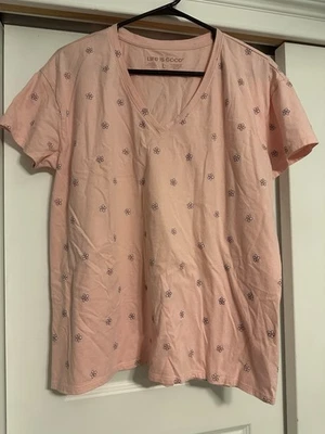 Life is Good Women’s L Crusher T Shirt V-Neck Tee Pink Ditsy Flowers Floral EEUC - Image 1 of 4