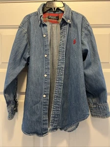 Vintage Polo Ralph Lauren Youth Small Denim Shirt Made USA Plaid Lined Red Pony - Picture 1 of 10